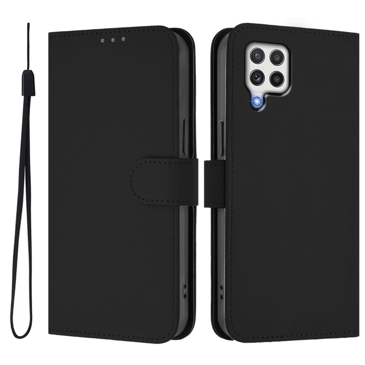 For Samsung Galaxy A22 4G Skin Feel Solid Color Leather Phone Case with Lanyard