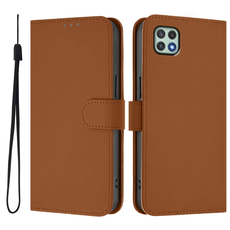 For Samsung Galaxy A22 5G / F42 5G Skin Feel Solid Color Leather Phone Case with Lanyard