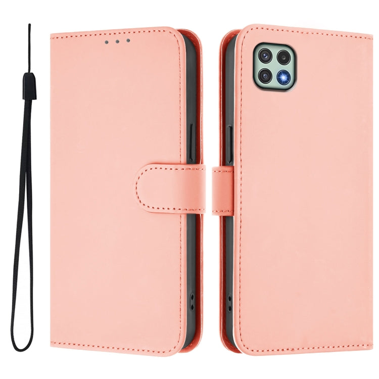 For Samsung Galaxy A22 5G / F42 5G Skin Feel Solid Color Leather Phone Case with Lanyard
