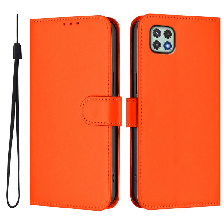 For Samsung Galaxy A22 5G / F42 5G Skin Feel Solid Color Leather Phone Case with Lanyard