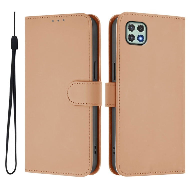 For Samsung Galaxy A22 5G / F42 5G Skin Feel Solid Color Leather Phone Case with Lanyard