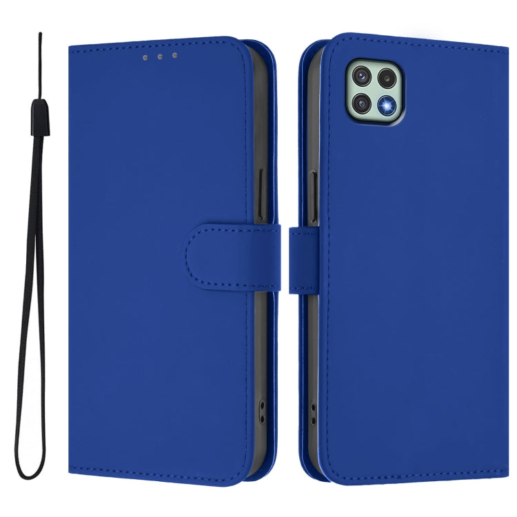 For Samsung Galaxy A22 5G / F42 5G Skin Feel Solid Color Leather Phone Case with Lanyard