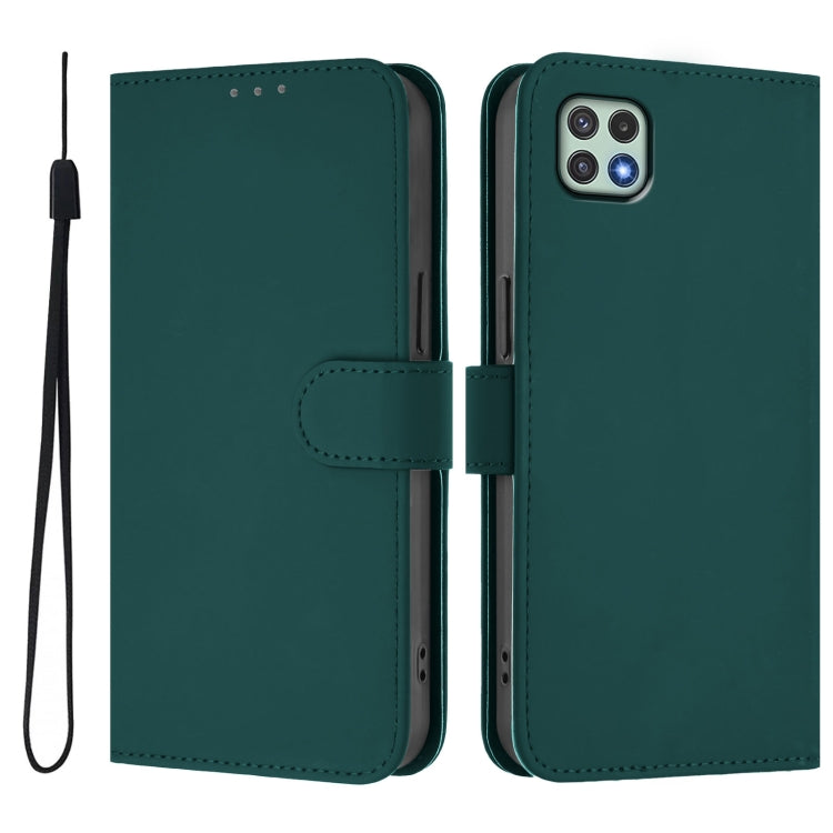 For Samsung Galaxy A22 5G / F42 5G Skin Feel Solid Color Leather Phone Case with Lanyard