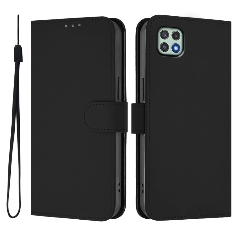 For Samsung Galaxy A22 5G / F42 5G Skin Feel Solid Color Leather Phone Case with Lanyard