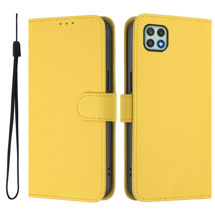 For Samsung Galaxy A22 5G / F42 5G Skin Feel Solid Color Leather Phone Case with Lanyard