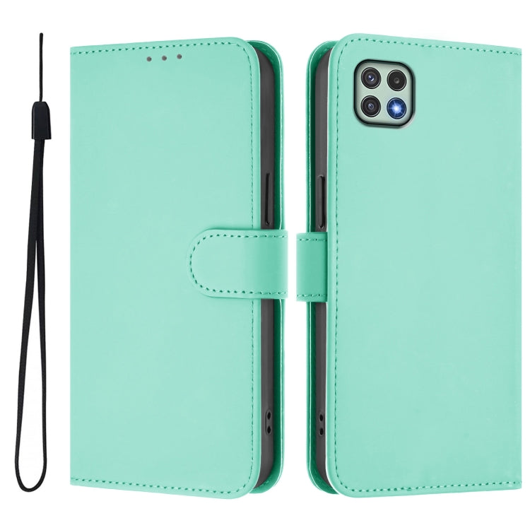 For Samsung Galaxy A22 5G / F42 5G Skin Feel Solid Color Leather Phone Case with Lanyard