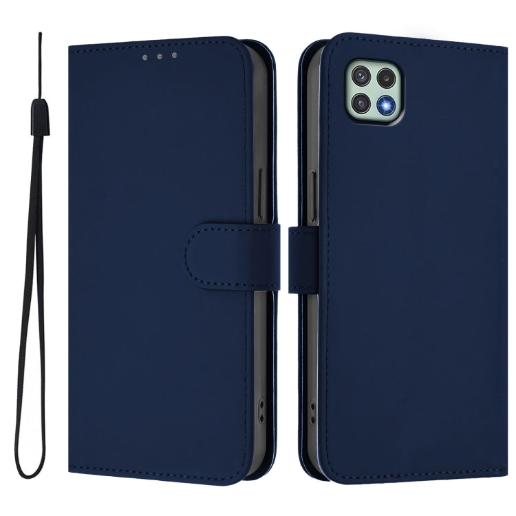 For Samsung Galaxy A22 5G / F42 5G Skin Feel Solid Color Leather Phone Case with Lanyard