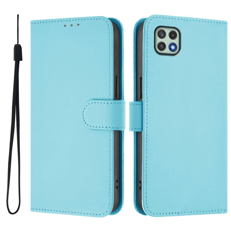 For Samsung Galaxy A22 5G / F42 5G Skin Feel Solid Color Leather Phone Case with Lanyard