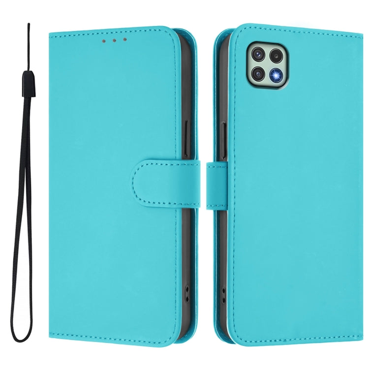 For Samsung Galaxy A22 5G / F42 5G Skin Feel Solid Color Leather Phone Case with Lanyard