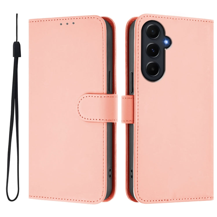 For Samsung Galaxy A55 5G Skin Feel Solid Color Leather Phone Case with Lanyard