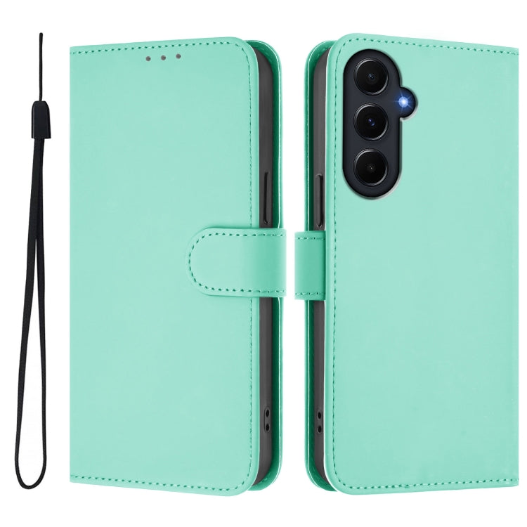 For Samsung Galaxy A55 5G Skin Feel Solid Color Leather Phone Case with Lanyard