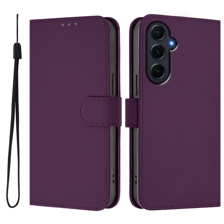 For Samsung Galaxy A55 5G Skin Feel Solid Color Leather Phone Case with Lanyard