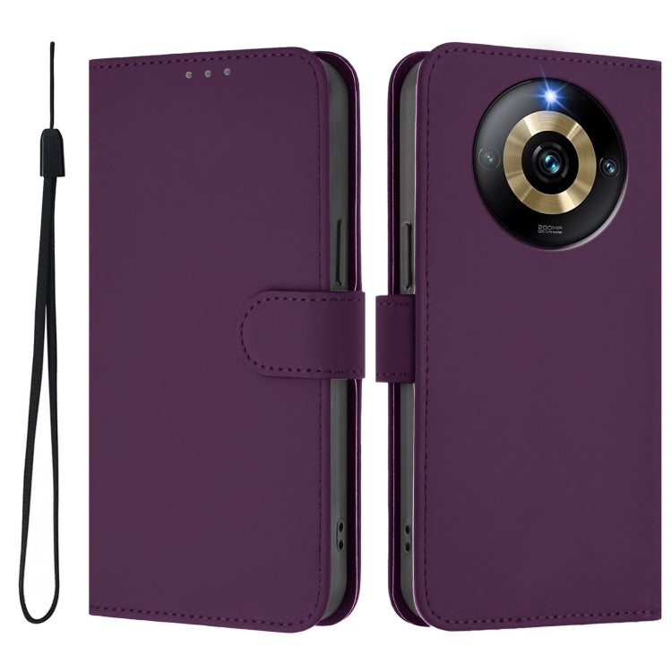For Realme Narzo 60 Pro Global Skin Feel Solid Color Leather Phone Case with Lanyard