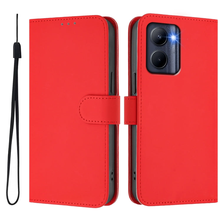 For Realme C33 Global Skin Feel Solid Color Leather Phone Case with Lanyard