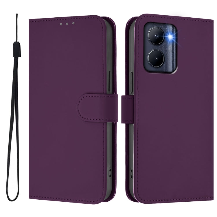 For Realme C33 Global Skin Feel Solid Color Leather Phone Case with Lanyard