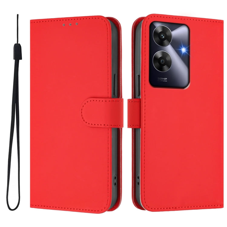 For Realme C63 Global Skin Feel Solid Color Leather Phone Case with Lanyard