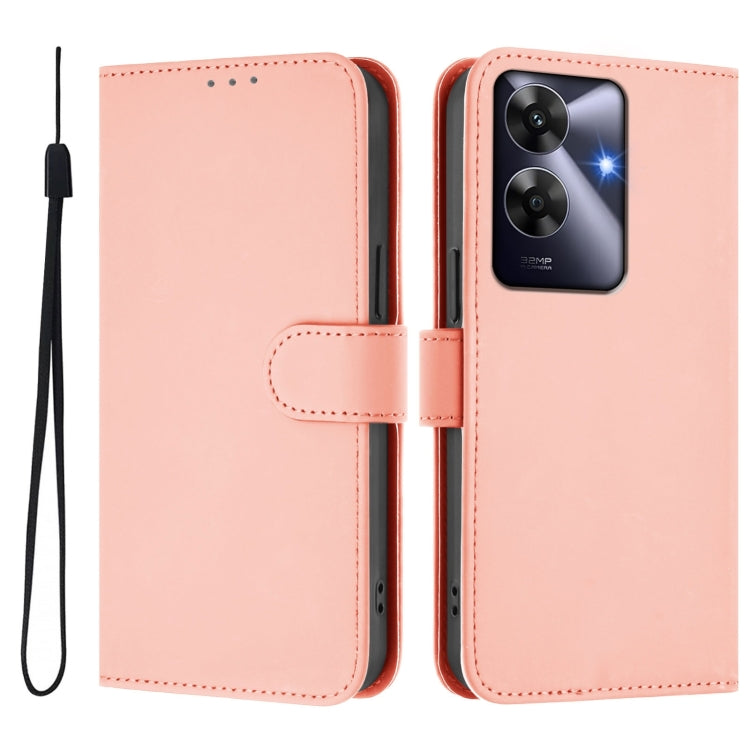 For Realme C63 Global Skin Feel Solid Color Leather Phone Case with Lanyard