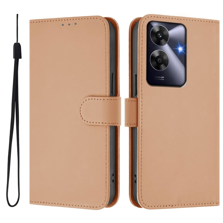 For Realme C63 Global Skin Feel Solid Color Leather Phone Case with Lanyard