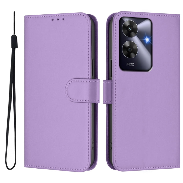 For Realme C63 Global Skin Feel Solid Color Leather Phone Case with Lanyard