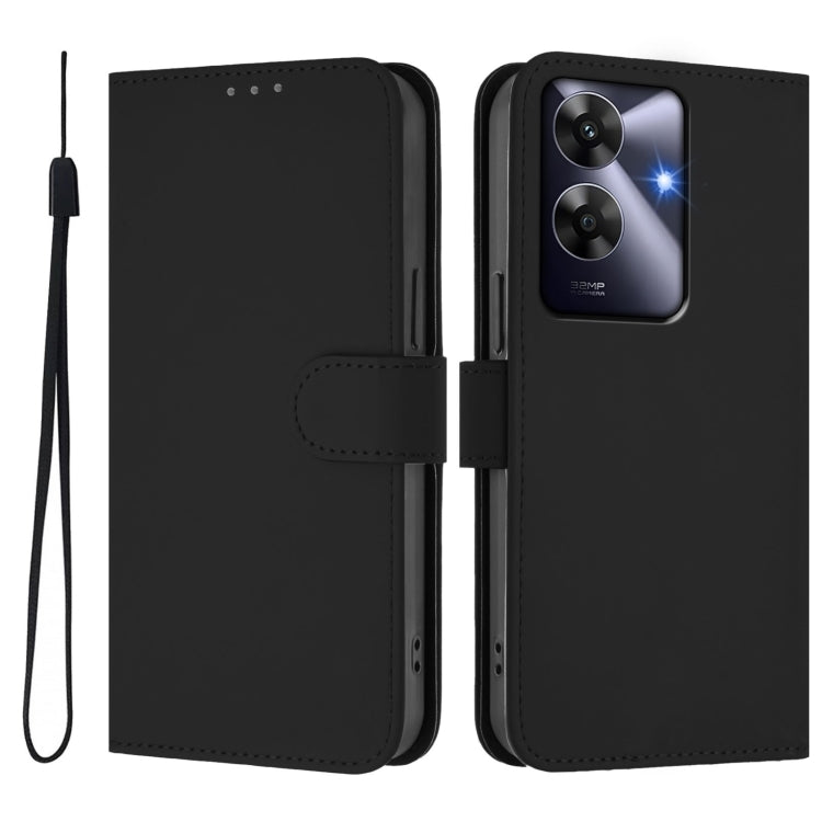 For Realme C63 Global Skin Feel Solid Color Leather Phone Case with Lanyard