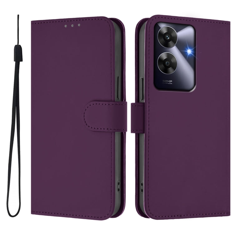 For Realme C63 Global Skin Feel Solid Color Leather Phone Case with Lanyard