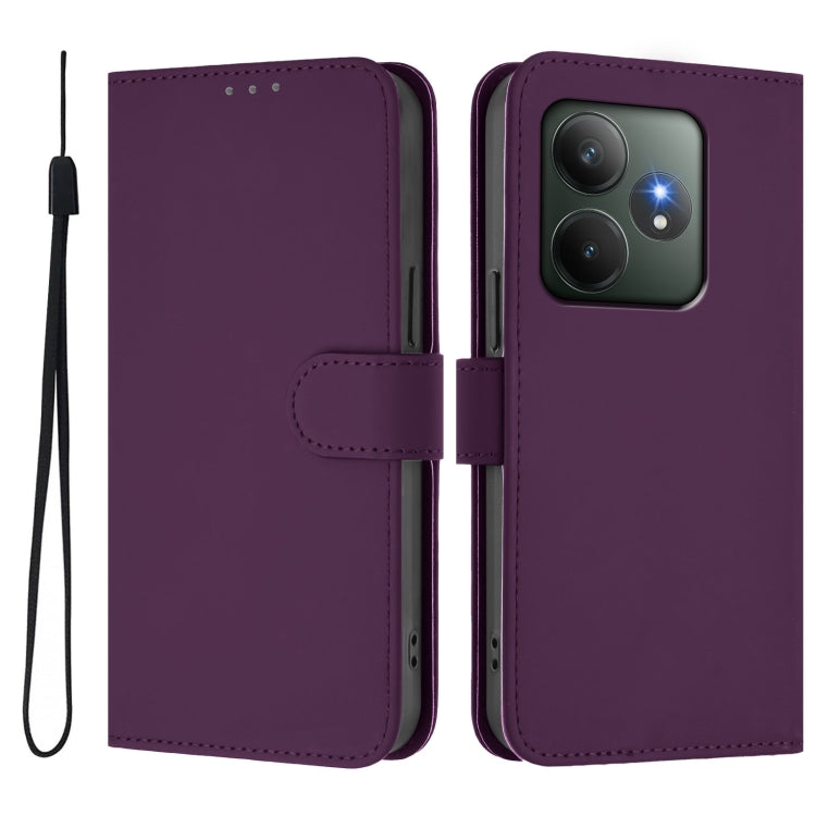 For Realme GT 6 5G Global Skin Feel Solid Color Leather Phone Case with Lanyard
