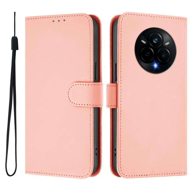 For Realme 14 Pro Skin Feel Solid Color Leather Phone Case with Lanyard