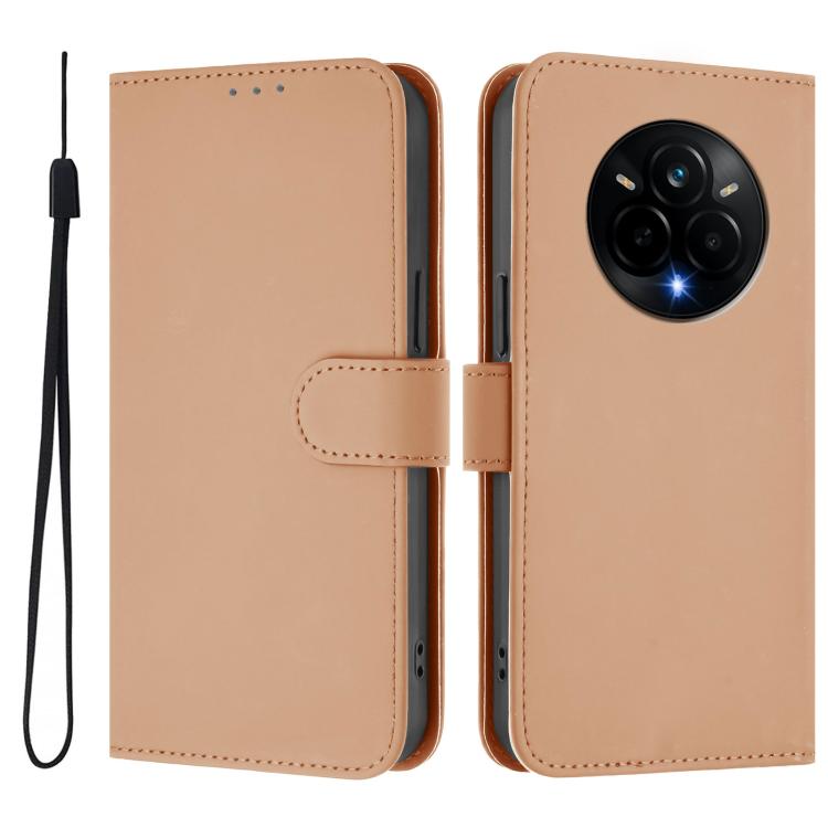 For Realme 14 Pro Skin Feel Solid Color Leather Phone Case with Lanyard