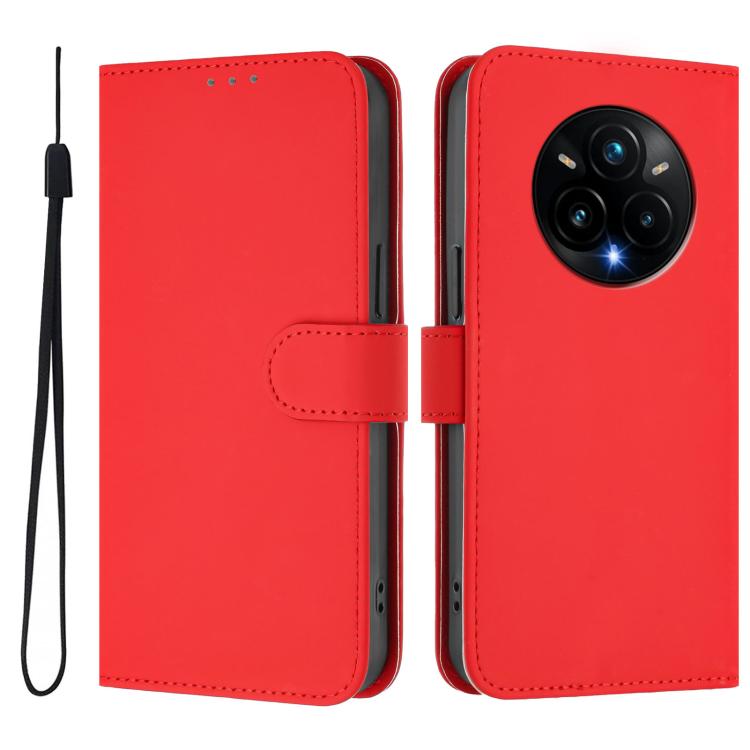 For Realme 14 Pro+ Skin Feel Solid Color Leather Phone Case with Lanyard