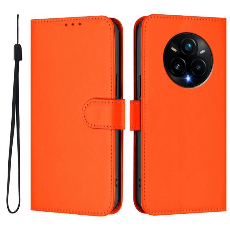 For Realme 14 Pro+ Skin Feel Solid Color Leather Phone Case with Lanyard