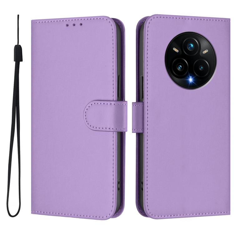 For Realme 14 Pro+ Skin Feel Solid Color Leather Phone Case with Lanyard