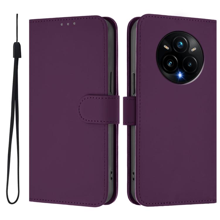 For Realme 14 Pro+ Skin Feel Solid Color Leather Phone Case with Lanyard