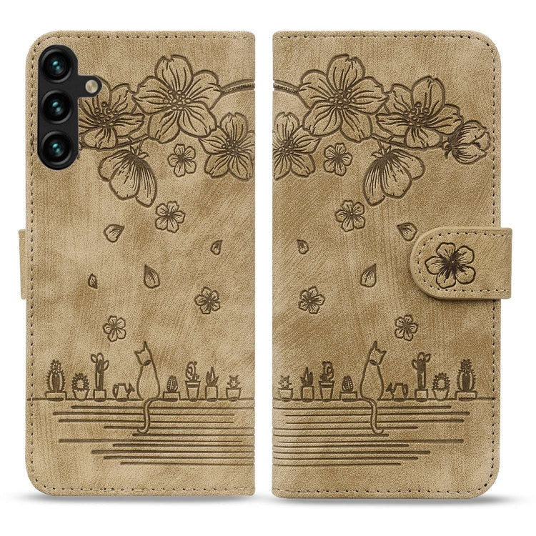 For Samsung Galaxy S24 FE 5G Cartoon Sakura Cat Embossed Leather Phone Case