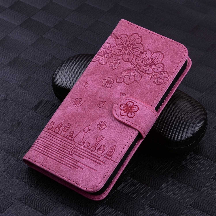 For Samsung Galaxy S24 FE 5G Cartoon Sakura Cat Embossed Leather Phone Case