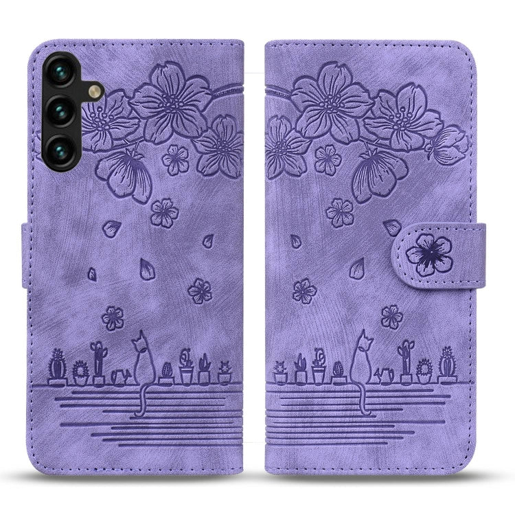 For Samsung Galaxy S24 FE 5G Cartoon Sakura Cat Embossed Leather Phone Case