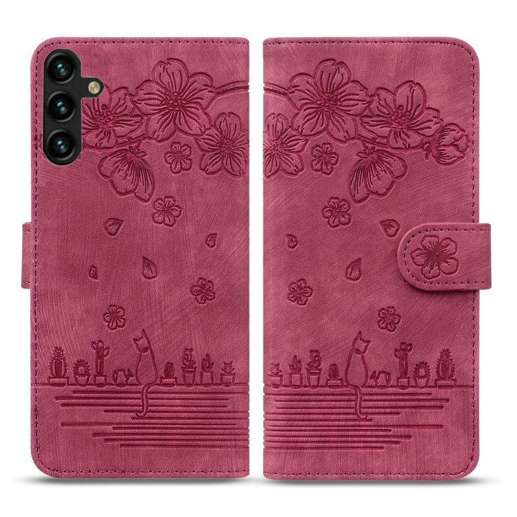 For Samsung Galaxy S24 FE 5G Cartoon Sakura Cat Embossed Leather Phone Case