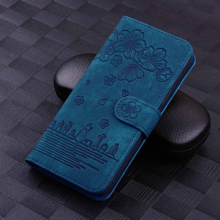 For Samsung Galaxy S24 5G Cartoon Sakura Cat Embossed Leather Phone Case