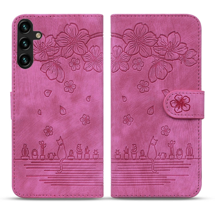 For Samsung Galaxy S24 5G Cartoon Sakura Cat Embossed Leather Phone Case