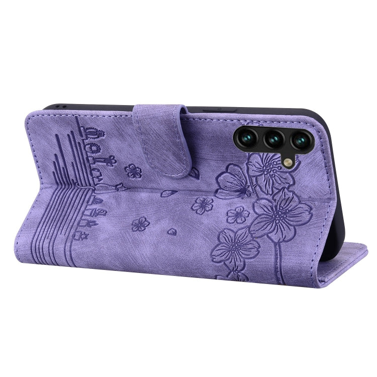 For Samsung Galaxy S24 5G Cartoon Sakura Cat Embossed Leather Phone Case