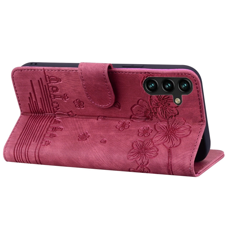 For Samsung Galaxy S24 5G Cartoon Sakura Cat Embossed Leather Phone Case