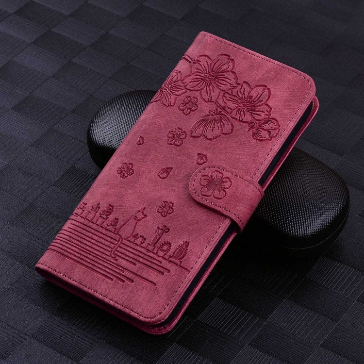 For Samsung Galaxy S24 5G Cartoon Sakura Cat Embossed Leather Phone Case