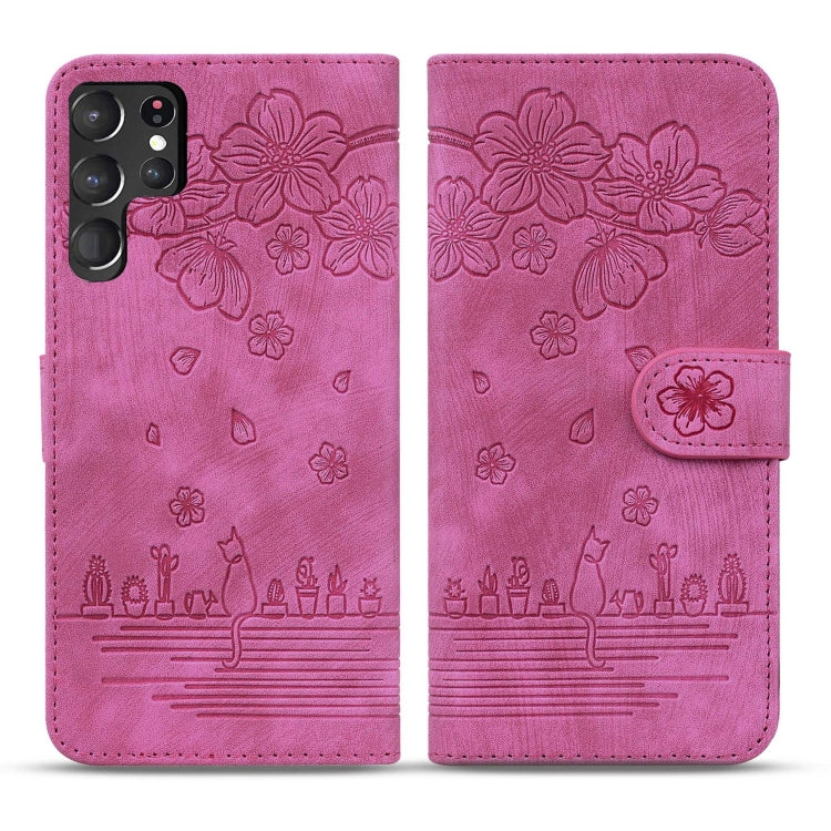 For Samsung Galaxy S24 Ultra 5G Cartoon Sakura Cat Embossed Leather Phone Case