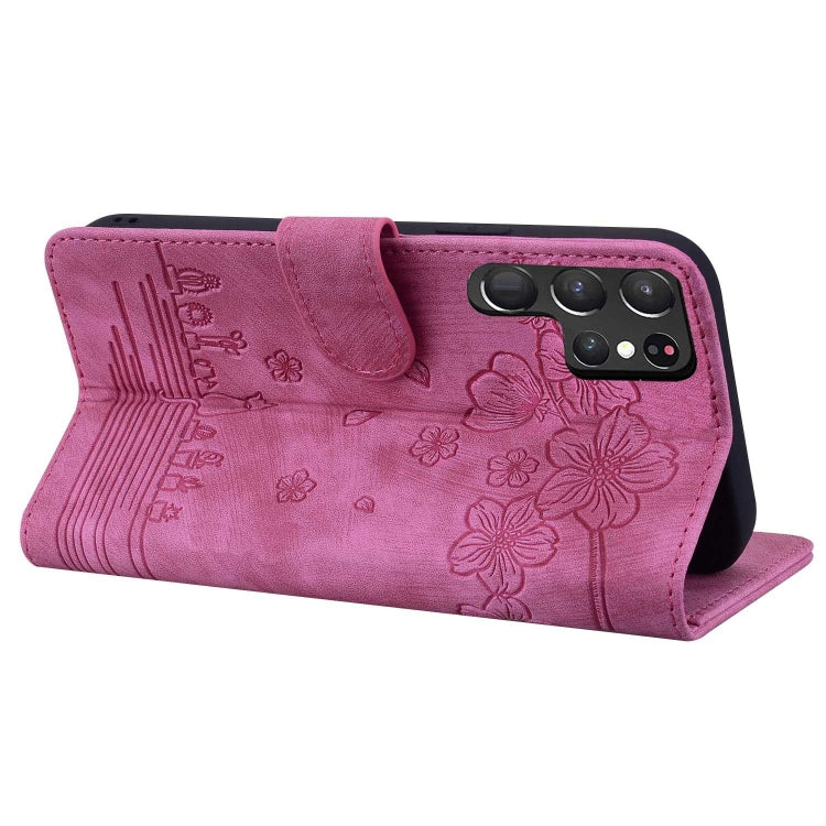 For Samsung Galaxy S24 Ultra 5G Cartoon Sakura Cat Embossed Leather Phone Case
