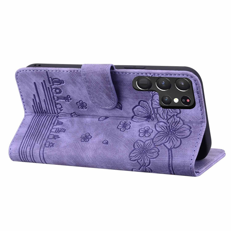 For Samsung Galaxy S24 Ultra 5G Cartoon Sakura Cat Embossed Leather Phone Case