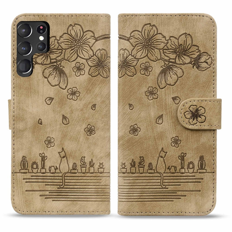 For Samsung Galaxy S23 Ultra 5G Cartoon Sakura Cat Embossed Leather Phone Case