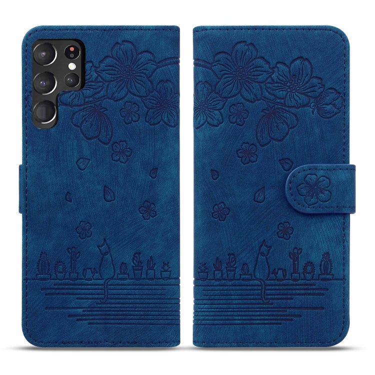 For Samsung Galaxy S23 Ultra 5G Cartoon Sakura Cat Embossed Leather Phone Case