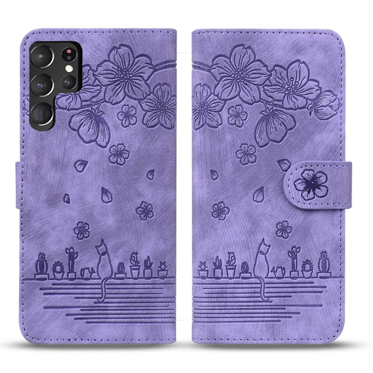 For Samsung Galaxy S23 Ultra 5G Cartoon Sakura Cat Embossed Leather Phone Case