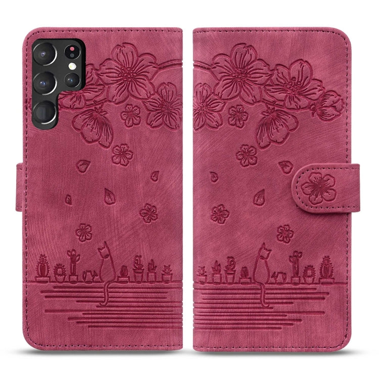 For Samsung Galaxy S23 Ultra 5G Cartoon Sakura Cat Embossed Leather Phone Case