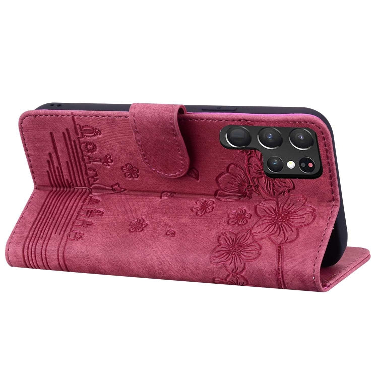 For Samsung Galaxy S23 Ultra 5G Cartoon Sakura Cat Embossed Leather Phone Case