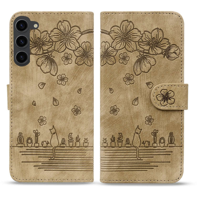 For Samsung Galaxy S23 5G Cartoon Sakura Cat Embossed Leather Phone Case
